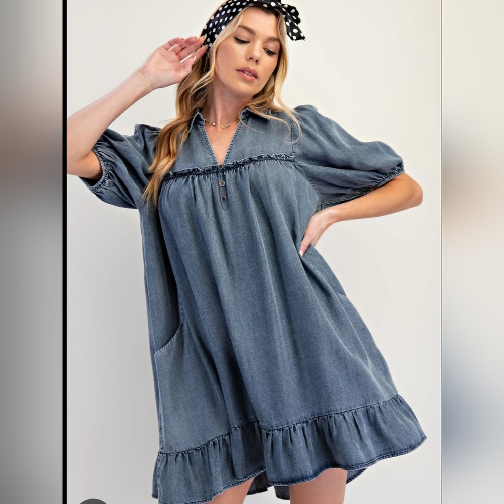 Easel Ruffle Bottom Washed Chambray Mini Dress Denim Babydoll Puff Sleeve Small